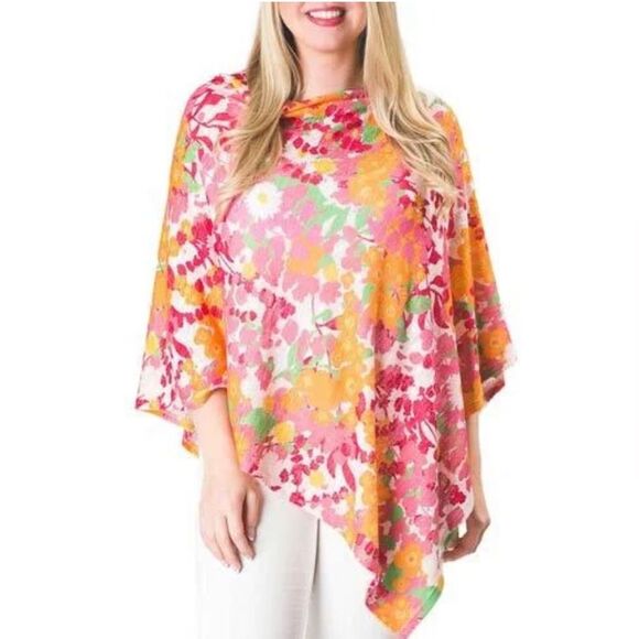 Tops - Top it Off Printed Emily Poncho Wrap Sweater Floral Pink Orange One Size